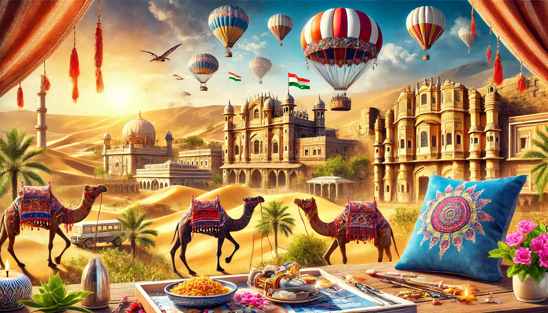 DALL·E 2025-02-20 12.43.28 - A scenic and vibrant image representing travel services in Rajasthan, featuring iconic landmarks like palaces, desert landscapes, camels, and traditio