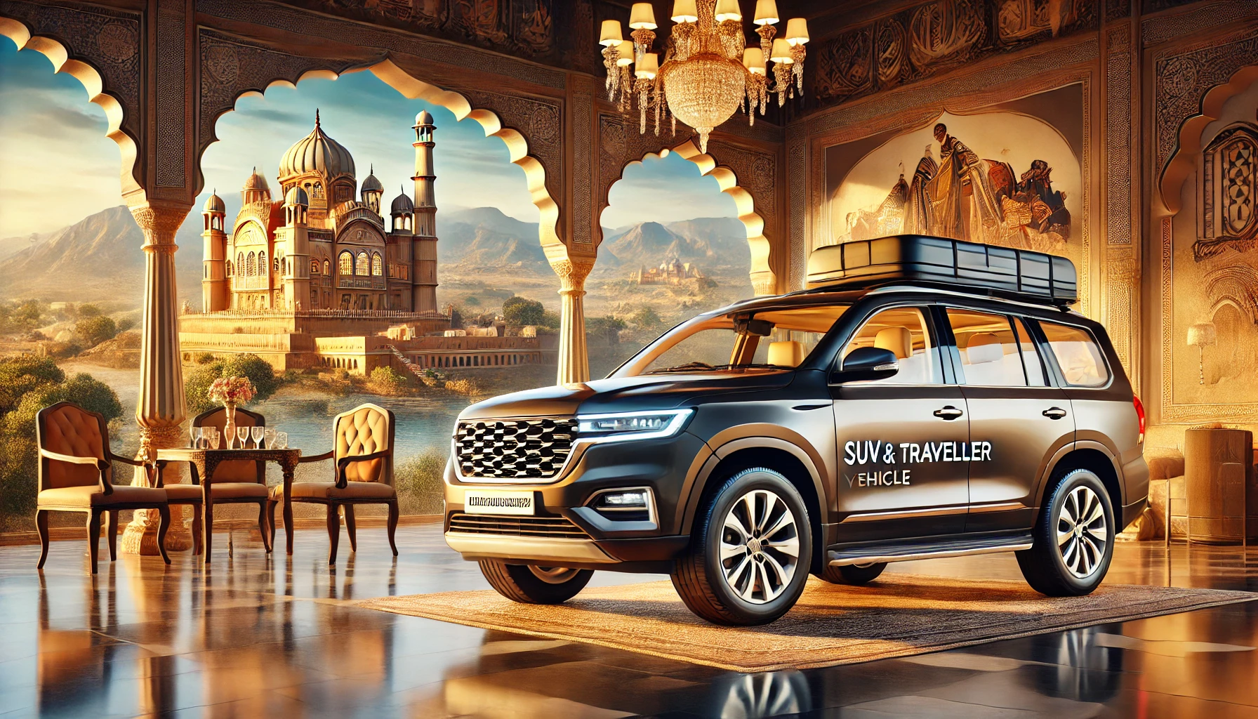 DALL·E 2025-02-20 14.40.02 - A luxurious and modern image representing SUV and Traveller vehicle rentals. The scene should showcase a sleek, high-end SUV parked in an elegant sett