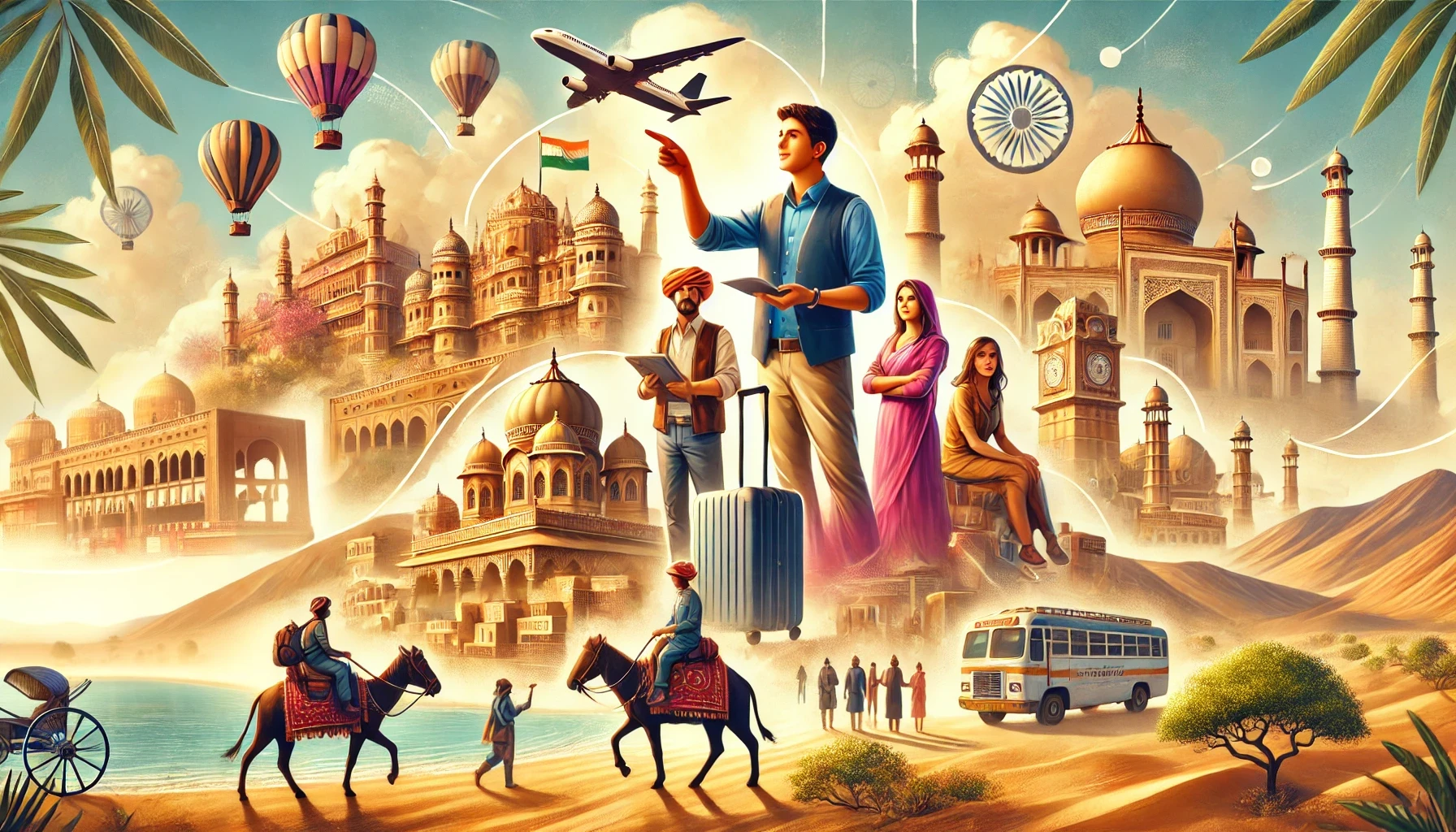 DALL·E 2025-02-20 15.20.19 - An engaging and vibrant image showcasing experienced tour guides in Rajasthan. The scene should feature a knowledgeable tour guide with a group of tra
